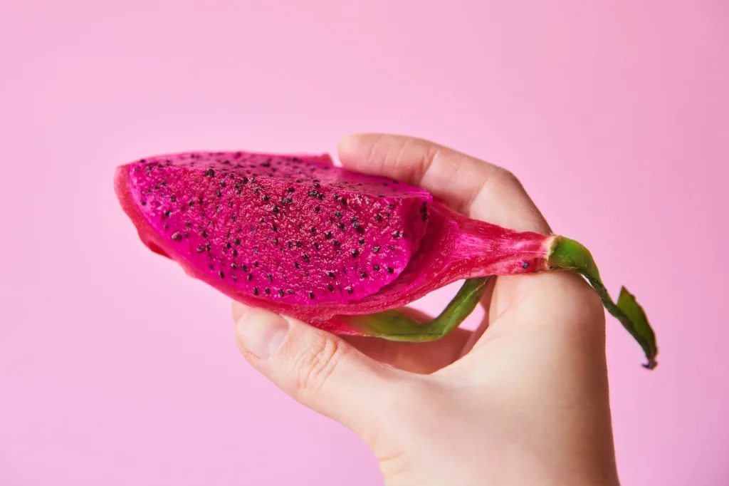 Human Hand Hold Pink Dragon Fruit Pitaya. Sliced Piece Pitahaya Fruit On Woman Hand